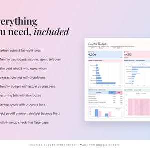 May include: A digital couples budget spreadsheet for Google Sheets by GridX Studio. The interface features a dashboard with income, spending, and savings trackers, transaction logs, debt payoff planners, and recurring bill checklists with progress bars.