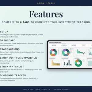 Puede incluir: Una plantilla digital de seguimiento de inversiones de GRIDX STUDIO con seis pesta&ntilde;as: Setup, Dashboard, Transactions, Stock Portfolio Overview, Stock Watchlist y Dividends Tracker. La pantalla muestra un panel de control con varios gr&aacute;ficos circulares y de barras.