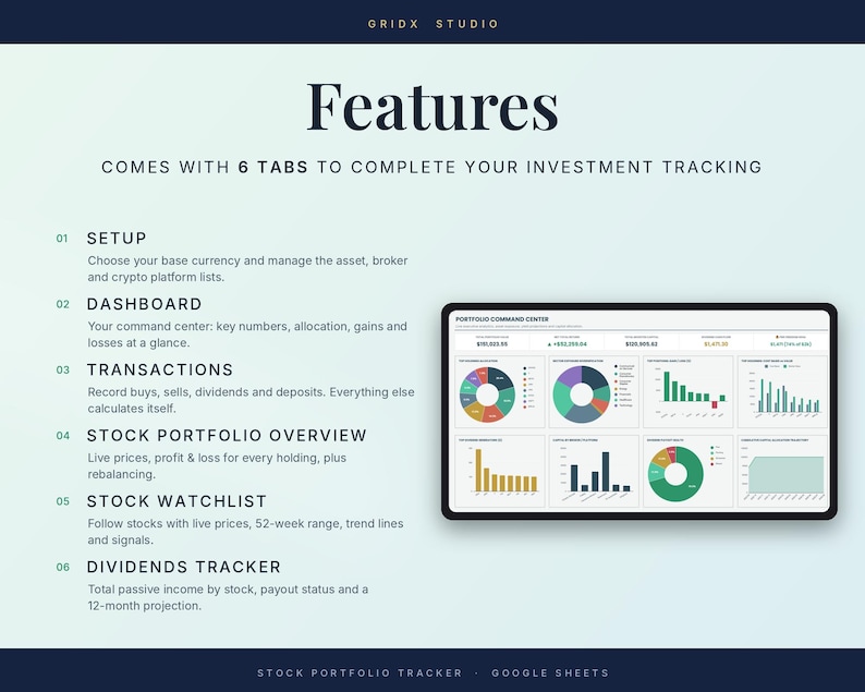 Puede incluir: Una plantilla digital de seguimiento de inversiones de GRIDX STUDIO con seis pesta&ntilde;as: Setup, Dashboard, Transactions, Stock Portfolio Overview, Stock Watchlist y Dividends Tracker. La pantalla muestra un panel de control con varios gr&aacute;ficos circulares y de barras.