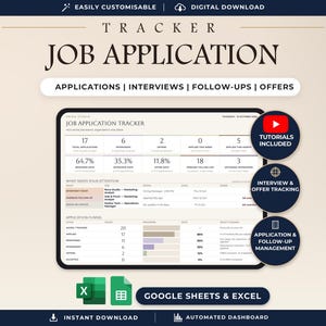 May include: A digital job application tracker dashboard displayed on a tablet screen, featuring sections for applications, interviews, follow-ups, and offers. The interface includes data tables, progress bars, and summary statistics for job search management.