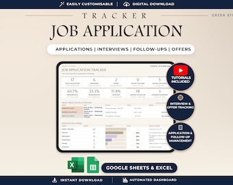 May include: A digital job application tracker dashboard displayed on a tablet screen, featuring sections for applications, interviews, follow-ups, and offers. The interface includes data tables, progress bars, and summary statistics for job search management.