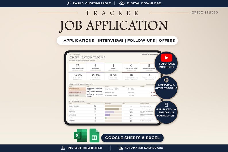 May include: A digital job application tracker dashboard displayed on a tablet screen, featuring sections for applications, interviews, follow-ups, and offers. The interface includes data tables, progress bars, and summary statistics for job search management.