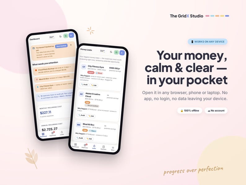 Puede incluir: Dos tel&eacute;fonos inteligentes que muestran una interfaz de aplicaci&oacute;n de panel financiero con listas de gastos recurrentes y costos de suscripci&oacute;n. El texto dice: Your money, calm & clear &mdash; in your pocket. Works on any device, 100% offline, no account.