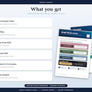 May include: A digital product overview graphic titled What you get, listing 8 Google Sheets links, 8 Excel files, an Open Me First PDF, a User Guide PDF, quick start instructions, and locked formulas, alongside two document pages showing access buttons.