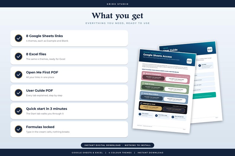 May include: A digital product overview graphic titled What you get, listing 8 Google Sheets links, 8 Excel files, an Open Me First PDF, a User Guide PDF, quick start instructions, and locked formulas, alongside two document pages showing access buttons.