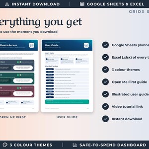 May include: A digital planner set featuring an Open Me First guide and a User Guide for Google Sheets and Excel. The document includes three color themes: Midnight Coral, Ocean Teal, and Dusty Rose, with checkmark icons listing features like a video tutorial link and a safe-to-spend dashboard.