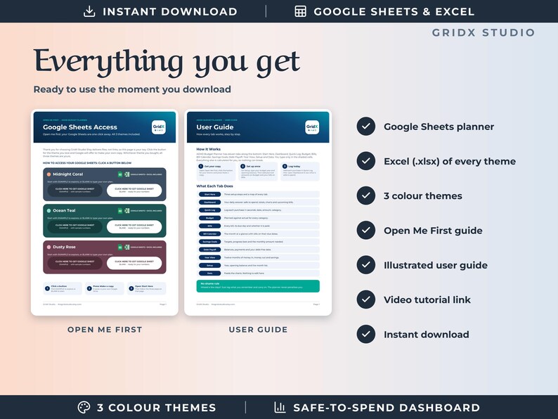May include: A digital planner set featuring an Open Me First guide and a User Guide for Google Sheets and Excel. The document includes three color themes: Midnight Coral, Ocean Teal, and Dusty Rose, with checkmark icons listing features like a video tutorial link and a safe-to-spend dashboard.