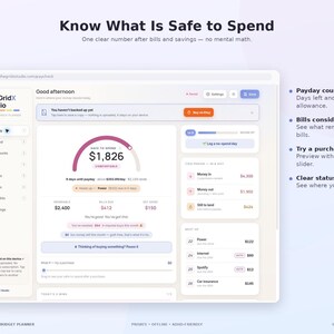 Peut inclure: Une interface de planificateur budg&eacute;taire num&eacute;rique intitul&eacute;e The GridX Studio, affichant un tableau de bord avec un montant disponible de 1 826 $, un compte &agrave; rebours de paie, le suivi des factures et un curseur d'achat.