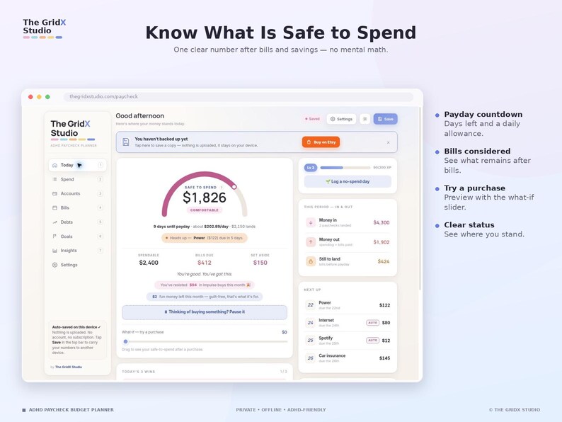 Peut inclure: Une interface de planificateur budg&eacute;taire num&eacute;rique intitul&eacute;e The GridX Studio, affichant un tableau de bord avec un montant disponible de 1 826 $, un compte &agrave; rebours de paie, le suivi des factures et un curseur d'achat.