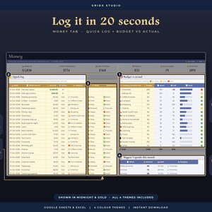 K&ouml;nnte beinhalten: Eine digitale Finanz-Tracking-Tabellenvorlage mit dem Titel Log it in 20 seconds, die einen Money-Tab mit Abschnitten f&uuml;r Quick log, Mood and Need/Want, Budget vs actual und Biggest 5 spends in einem Mitternachts- und Gold-Farbschema zeigt.
