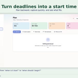 Pode incluir: Uma interface digital para o ADHD Time Blindness Tracker da The GridX Studio. O ecr&atilde; mostra um painel de planeamento com sec&ccedil;&otilde;es para tarefas e estimativa de tempo. O texto inclui Turn deadlines into a start time e Plan.
