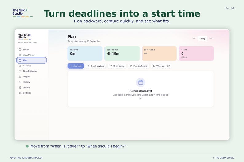 Pode incluir: Uma interface digital para o ADHD Time Blindness Tracker da The GridX Studio. O ecr&atilde; mostra um painel de planeamento com sec&ccedil;&otilde;es para tarefas e estimativa de tempo. O texto inclui Turn deadlines into a start time e Plan.