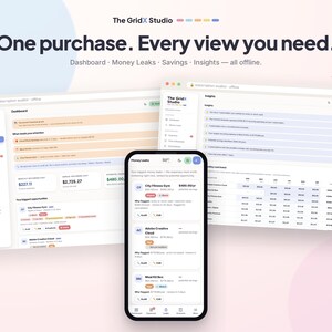 Puede incluir: Una interfaz digital con la marca The GridX Studio y el texto One purchase. Every view you need. Dashboard - Money Leaks - Savings - Insights - all offline. El dise&ntilde;o incluye un panel de escritorio, una vista de aplicaci&oacute;n m&oacute;vil y un panel de informaci&oacute;n que muestra datos financieros, listas de suscripciones y oportunidades de ahorro.