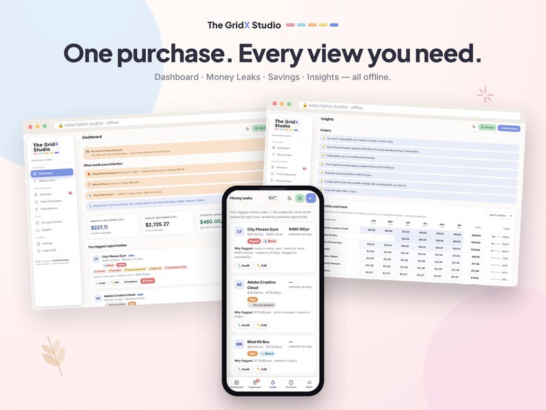 Puede incluir: Una interfaz digital con la marca The GridX Studio y el texto One purchase. Every view you need. Dashboard - Money Leaks - Savings - Insights - all offline. El dise&ntilde;o incluye un panel de escritorio, una vista de aplicaci&oacute;n m&oacute;vil y un panel de informaci&oacute;n que muestra datos financieros, listas de suscripciones y oportunidades de ahorro.