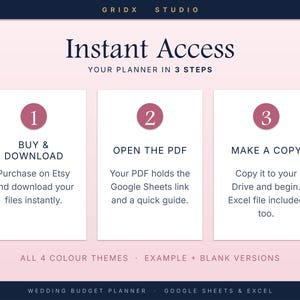 Puede incluir: Una gu&iacute;a digital de planificador de presupuesto de boda con el texto GRIDX STUDIO, Instant Access, YOUR PLANNER IN 3 STEPS y tres pasos numerados: 1 BUY & DOWNLOAD, 2 OPEN THE PDF, 3 MAKE A COPY. Incluye 4 temas de color y formatos.