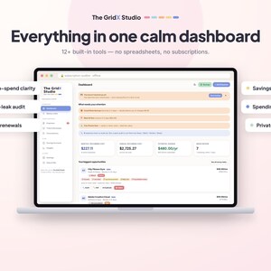 Puede incluir: Una pantalla de port&aacute;til que muestra la interfaz del panel de control de The GridX Studio con el texto Everything in one calm dashboard, 12+ built-in tools, y etiquetas para claridad de gastos, auditor&iacute;a, pruebas y copias de seguridad.