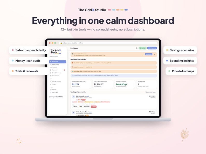 Puede incluir: Una pantalla de port&aacute;til que muestra la interfaz del panel de control de The GridX Studio con el texto Everything in one calm dashboard, 12+ built-in tools, y etiquetas para claridad de gastos, auditor&iacute;a, pruebas y copias de seguridad.