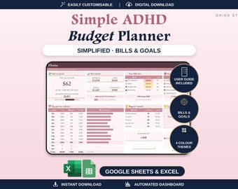May include: A digital Simple ADHD Budget Planner dashboard for Google Sheets and Excel. The interface features sections for bills, goals, and monthly spending in shades of pink and dark blue. Includes icons for user guide, bills, and goals.
