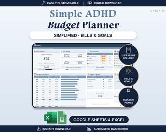 May include: A digital Simple ADHD Budget Planner template for Google Sheets and Excel. The interface displays a dashboard with sections for bills, goals, and monthly spending, featuring blue and white color schemes with clear data charts.