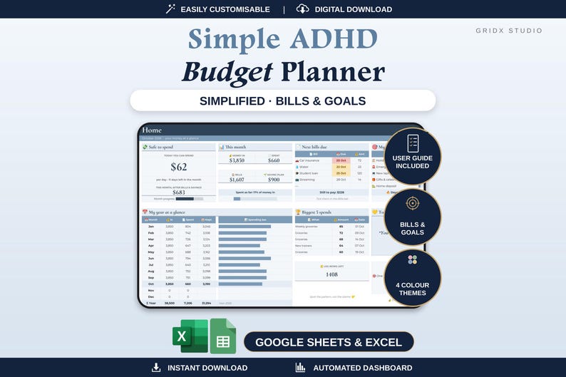 May include: A digital Simple ADHD Budget Planner template for Google Sheets and Excel. The interface displays a dashboard with sections for bills, goals, and monthly spending, featuring blue and white color schemes with clear data charts.