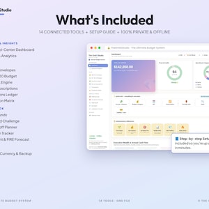 May include: A digital budget system interface titled The GridX Studio, displaying a dashboard with financial charts, a list of 14 connected tools including a Paycheck Engine and Net Worth Tracker, and a text box noting a step-by-step setup guide.