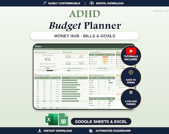 May include: A digital ADHD Budget Planner dashboard for Google Sheets and Excel. The interface features sections for money hub, bills, and goals, with tables and bar charts displaying financial data in shades of green, white, and dark blue.