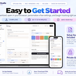 May include: A digital ADHD budget planner interface displayed on a laptop and smartphone screen. The software features settings for currency, payday, and visual themes. Text includes The GridX Studio, Easy to Get Started, Setup Guide Included, and Private & Offline.