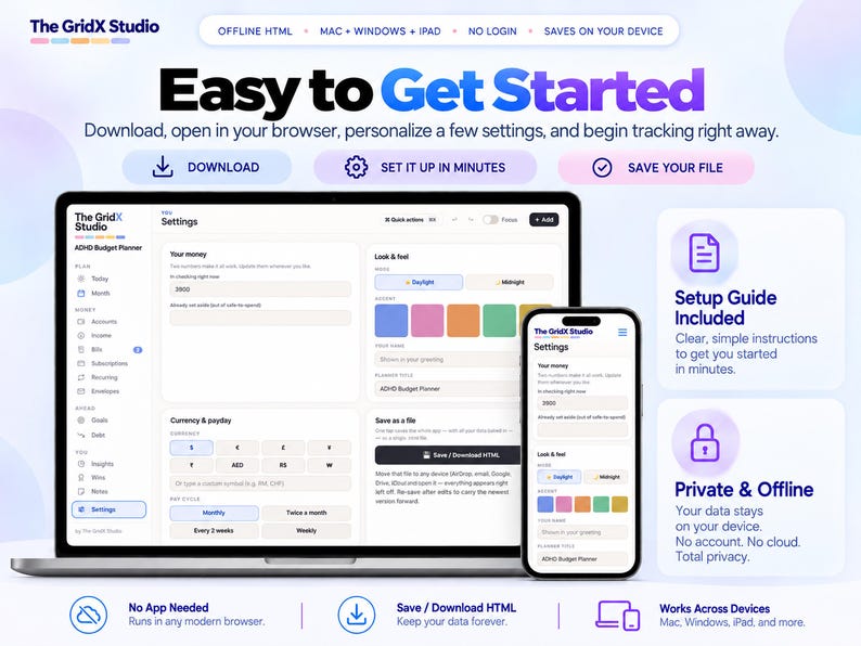 May include: A digital ADHD budget planner interface displayed on a laptop and smartphone screen. The software features settings for currency, payday, and visual themes. Text includes The GridX Studio, Easy to Get Started, Setup Guide Included, and Private & Offline.