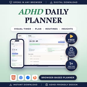 Pode incluir: Interface digital ADHD Daily Planner exibida em um smartphone e tela de laptop. Os recursos incluem um temporizador visual, plano, rotinas e insights. Inclui emblemas circulares para link de demonstra&ccedil;&atilde;o gratuito, acesso offline e compra &uacute;nica.
