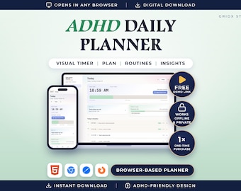 May include: ADHD Daily Planner digital interface displayed on a smartphone and laptop screen. Features include a visual timer, plan, routines, and insights. Includes circular badges for free demo link, offline and private access, and one-time purchase.