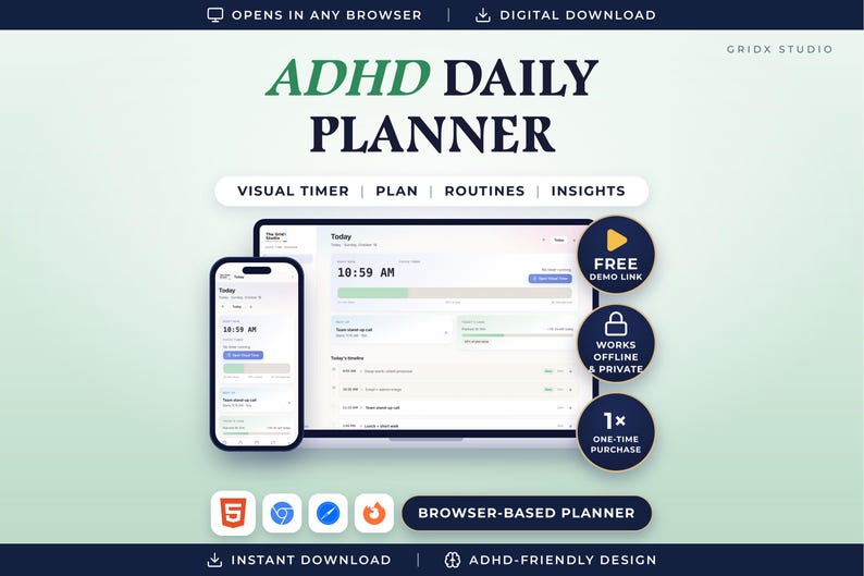 Pode incluir: Interface digital ADHD Daily Planner exibida em um smartphone e tela de laptop. Os recursos incluem um temporizador visual, plano, rotinas e insights. Inclui emblemas circulares para link de demonstra&ccedil;&atilde;o gratuito, acesso offline e compra &uacute;nica.