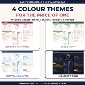 Puede incluir: Una plantilla digital de planificador de presupuesto de bodas con cuatro temas de color: Blush & Champagne, Sage & Ivory, Dusty Blue & Silver y Midnight & Gold. El panel incluye secciones para fondos, pagos y seguimiento de proveedores.