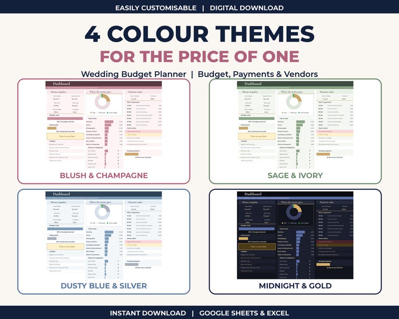 Puede incluir: Una plantilla digital de planificador de presupuesto de bodas con cuatro temas de color: Blush & Champagne, Sage & Ivory, Dusty Blue & Silver y Midnight & Gold. El panel incluye secciones para fondos, pagos y seguimiento de proveedores.