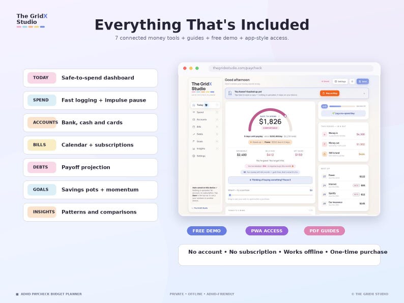 Peut inclure: Une interface de planificateur budg&eacute;taire num&eacute;rique intitul&eacute;e The GridX Studio, pr&eacute;sentant un tableau de bord de d&eacute;penses s&eacute;curis&eacute;es, sept outils financiers connect&eacute;s et des listes pour comptes, factures, dettes et objectifs. Inclut d&eacute;mo, acc&egrave;s PWA et guides PDF.