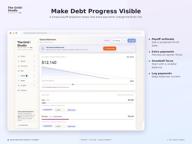 Peut inclure: Une interface de planificateur de remboursement de dettes nomm&eacute;e The GridX Studio. L'&eacute;cran affiche un graphique de projection de dettes, un solde total de 12 140 $ et des listes pour les dettes Visa et pr&ecirc;t auto avec des champs de saisie.