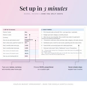May include: A digital budget spreadsheet template for couples featuring a setup section for names, income, and cost splitting, alongside a seven-step guide on how it works. The interface includes pink and blue cells for data entry.