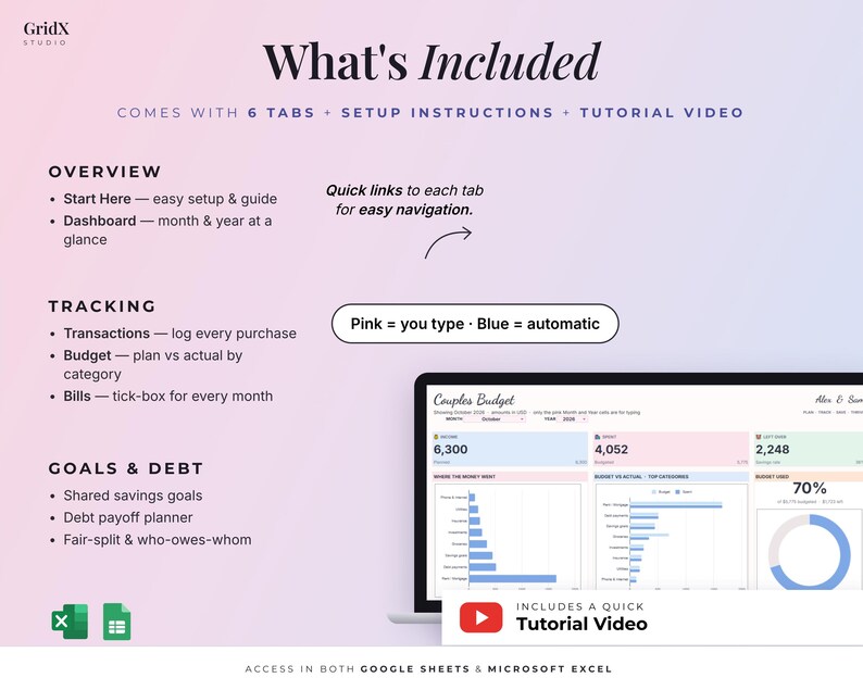 May include: A digital budget planner interface for Google Sheets and Microsoft Excel titled Couples Budget. The layout includes sections for Overview, Tracking, and Goals & Debt, with a colour-coded key indicating pink for manual input and blue for automatic calculations.