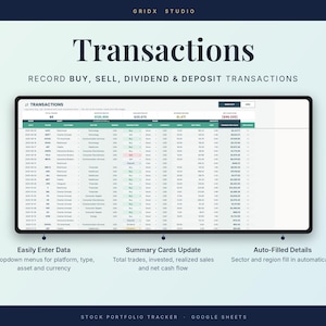 Puede incluir: Un rastreador digital de cartera de acciones para Google Sheets titulado Transactions. La interfaz muestra una tabla para registrar transacciones de compra, venta, dividendos y dep&oacute;sitos con columnas para fecha, activo y valor de transacci&oacute;n.
