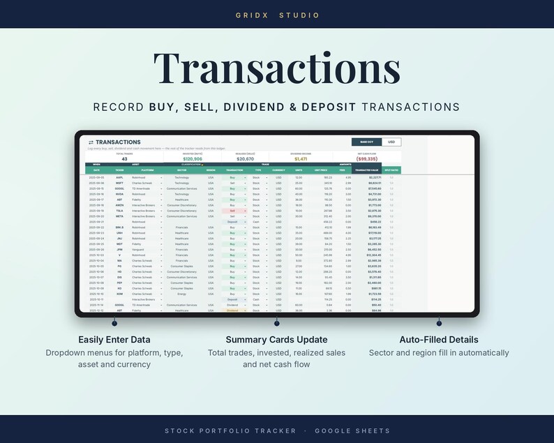 Puede incluir: Un rastreador digital de cartera de acciones para Google Sheets titulado Transactions. La interfaz muestra una tabla para registrar transacciones de compra, venta, dividendos y dep&oacute;sitos con columnas para fecha, activo y valor de transacci&oacute;n.