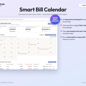 May include: A digital Smart Bill Calendar interface by The GridX Studio featuring a monthly grid for tracking recurring bills, subscription costs, and payment status. The dashboard displays financial summaries, a calendar view, and a subscription audit table.