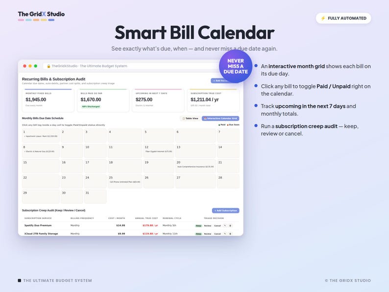 May include: A digital Smart Bill Calendar interface by The GridX Studio featuring a monthly grid for tracking recurring bills, subscription costs, and payment status. The dashboard displays financial summaries, a calendar view, and a subscription audit table.