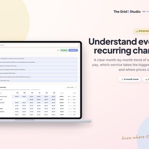 Puede incluir: Una pantalla de ordenador que muestra la interfaz del software The GridX Studio con un panel titulado Understand every recurring charge. La pantalla muestra una lista de informaci&oacute;n sobre gastos y una tabla de tendencias de costes mensuales.