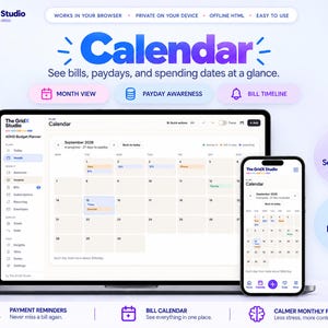 May include: A digital calendar interface from The GridX Studio displayed on a laptop and smartphone. The screen shows a September 2028 monthly view with color-coded entries for bills, paydays, and spending dates, plus navigation menus.