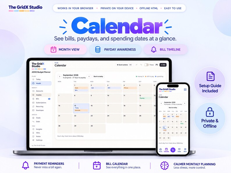 May include: A digital calendar interface from The GridX Studio displayed on a laptop and smartphone. The screen shows a September 2028 monthly view with color-coded entries for bills, paydays, and spending dates, plus navigation menus.