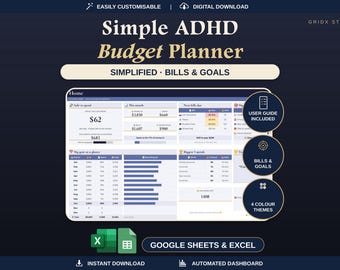 May include: A digital budget planner dashboard titled Simple ADHD Budget Planner with sections for bills and goals. The interface displays financial data, charts, and tables. Includes icons for user guide, bills, and four color themes.