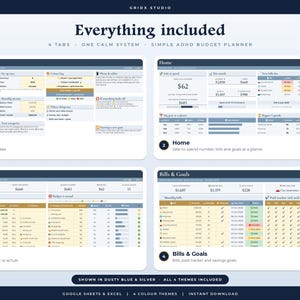 May include: A digital budget planner template for Google Sheets and Excel titled Everything included, 4 tabs - one calm system - simple ADHD budget planner. It displays four sections: Start Here, Home, Money, and Bills & Goals with data tables.