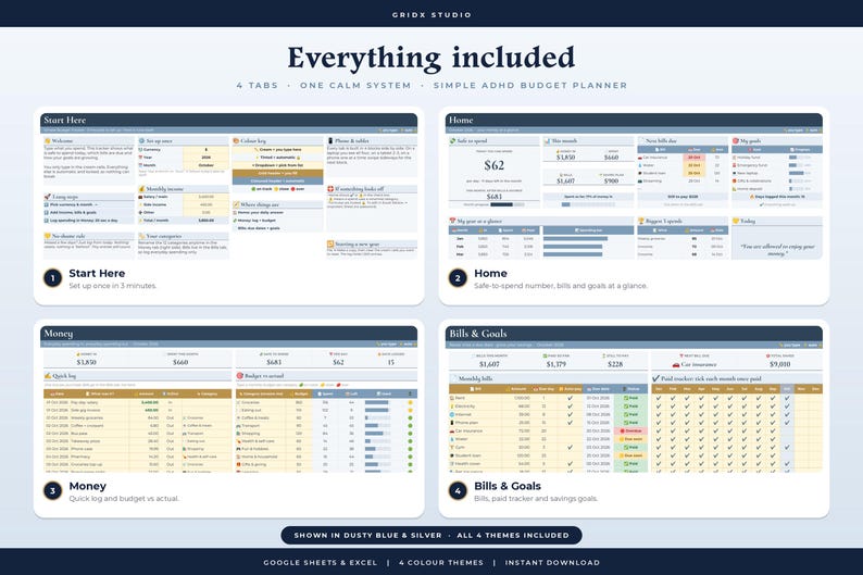 May include: A digital budget planner template for Google Sheets and Excel titled Everything included, 4 tabs - one calm system - simple ADHD budget planner. It displays four sections: Start Here, Home, Money, and Bills & Goals with data tables.