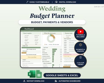 May include: A digital wedding budget planner dashboard for Google Sheets and Excel. The interface displays money snapshots, payment trackers, and vendor lists with charts. Includes circular icons for tutorials, payments, vendors, and four color themes.