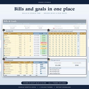 May include: A digital financial planning dashboard titled Bills and Goals in one place. The interface features sections for monthly bills, a paid tracker, savings goals, and wins, with columns for amounts, due dates, and status indicators.