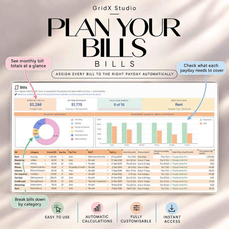 May include: A digital bill tracker spreadsheet titled PLAN YOUR BILLS by GridX Studio. It features a dashboard with monthly bill totals, a pie chart for categories, a bar graph comparing paychecks to bills, and a detailed table of expenses.